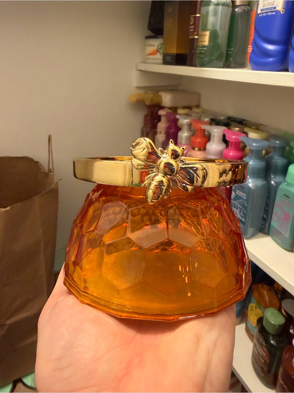 Bath & Body Works Amber Glass Honeycomb w/ Bee 3-Wick Candle Holder